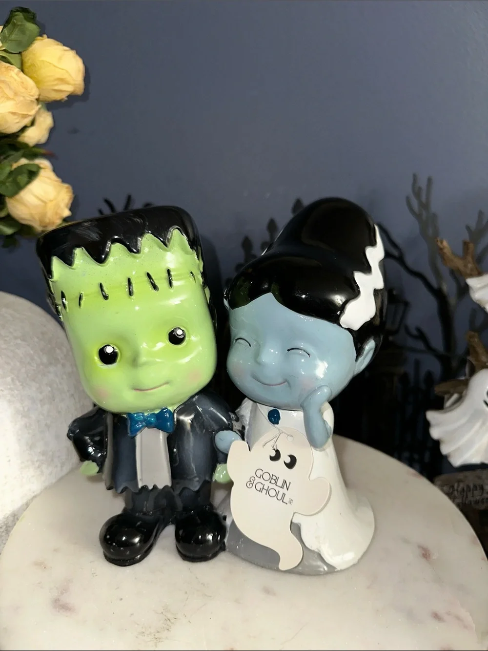 Halloween Baby Frankenstein and Bride Ceramic Figurine Set - Green & Blue